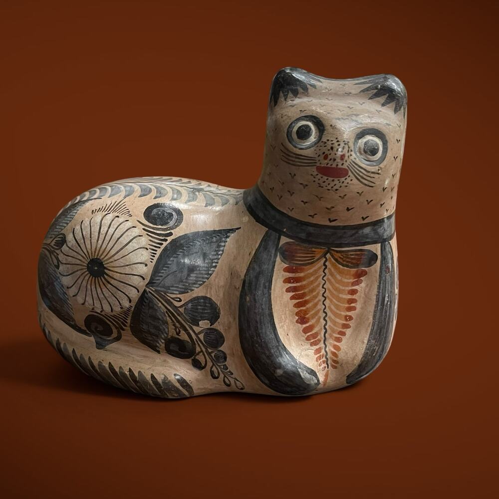 Vintage Tonala Pottery Cat Figurine 6” Hand Painted Mexican Folk Art Earth Tones